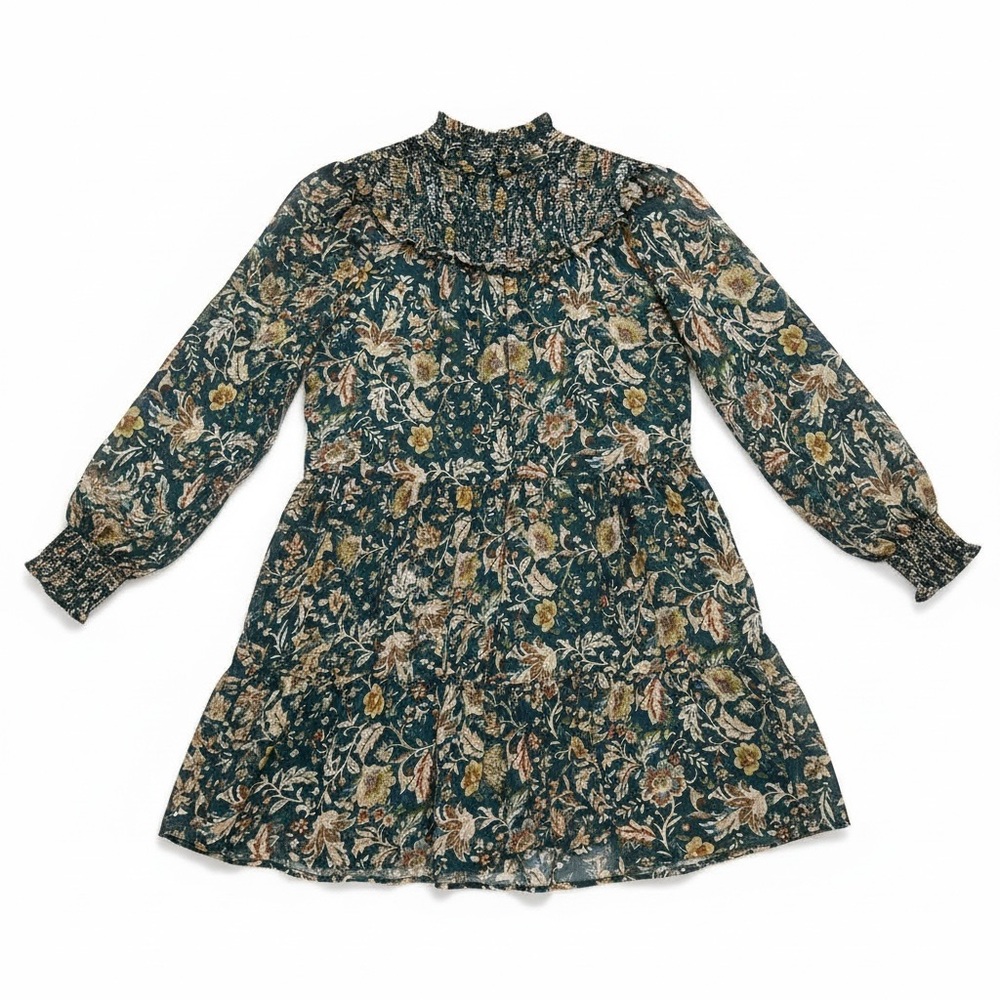 Fate Floral Smocked High Neck Lined Boho Mini Dress Sheer Long Sleeve, Size S - Picture 2 of 6
